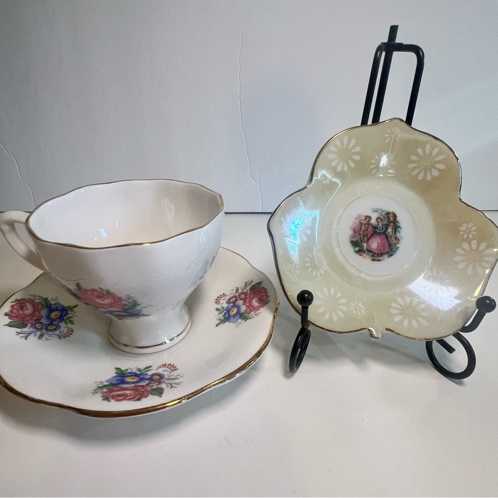 Vtg Crownford Floral Teacup & Saucer Set Gold Trim PLUS Leaf Mini Victorian Dish